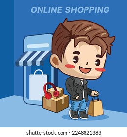 Mobile online shopping with character. Buy product from online shop. promotion sale. Vector illustrator, special promotion, e commerce, chibi character