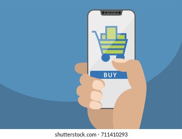 Mobile online shopping concept displayed on frameless touchscreen as vector illustration. Hand holding bezel free smartphone with icon of shopping cart