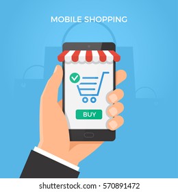 Mobile online shopping concept. Hand holding smartphone with shopping cart and button on the screen. Vector illustration.