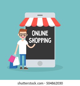 Mobile online shopping concept: young cheerful nerd standing with shopping bags under the awning / editable flat vector clip art