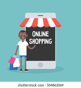 Mobile online shopping concept: young cheerful black guy standing with shopping bags under the awning / editable flat vector clip art