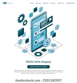 Mobile online shopping, e-commerce, distant trade 3d isometric style vector concept illustration