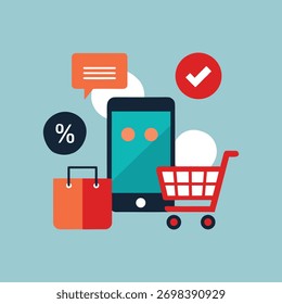 Mobile Online Shopping and E-commerce Flat Design Concept