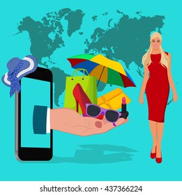 mobile online shopping, flat design, vector illustration