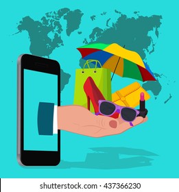 mobile online shopping, flat design, vector illustration