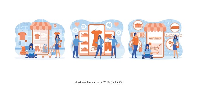 Mobile online shopping. A men and a woman buy things in the online store. Online shopping concept. Set flat vector modern illustration 