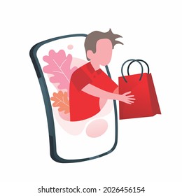 Mobile online shopping, Order Online concept, Online shopping mobile screen, Delivery and shopping by smartphone, online salesman with bag flat design