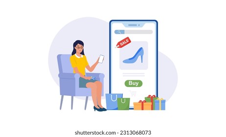 Mobile online shopping. People buy shoes in online shops. Shoppers buying on internet sale flat vector illustration.