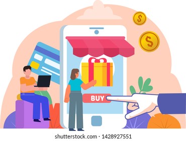 Mobile online shopping. People stand near big phone, buying products online. Poster for social media, web page, banner, presentation. Flat design vector illustration