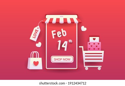 mobile is online shopping. a shop selling products Love or Valentine concept. Buy a gift on February 14. Design for web, app, promotion, card, 
coupon, red background. illustration vector.