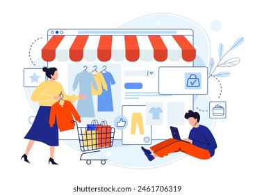 Mobile online shopping. Online store selling clothes. Man looking for products in internet using laptop. Store with dresses and trousers on screen, woman with trolley buying blouse vector