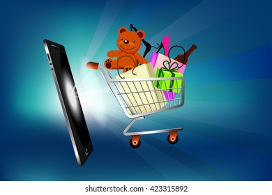 Mobile online shopping vector illustration.