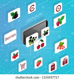 Mobile online shopping. Vector isometric 3d illustration. Bright berries. Order, payment, shipping, sale, discount. 