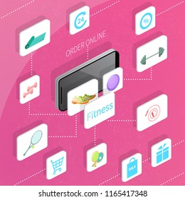 Mobile online shopping. Vector isometric 3d illustration. Sport equipment. Order, payment, shipping, sale, discount. 