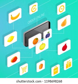 Mobile online shopping. Vector isometric 3d illustration. Bright fruit оn green background. Order, payment, shipping, sale, discount. 