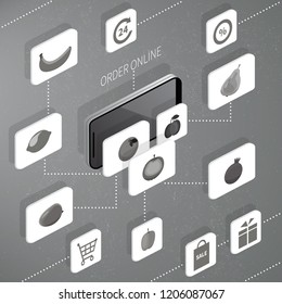 Mobile online shopping. Vector isometric 3d illustration. Monochrome fruit. Order, payment, shipping, sale, discount. 