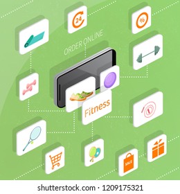 Mobile online shopping. Vector isometric 3d illustration. Fitness and wellness icons. Order, payment, shipping, sale, discount. 