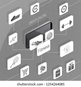 Mobile online shopping. Vector isometric monochrome 3d illustration. Fitness and wellness icons. Order, payment, shipping, sale, discount. 