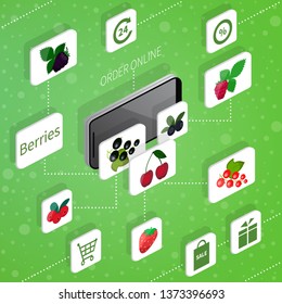 Mobile online shopping. Vector isometric 3d illustration. Bright berries. Order, payment, shipping, sale, discount. 