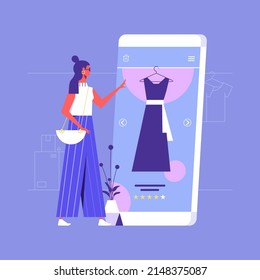 Mobile online shopping, woman buy dresses in online shops, shopping on social networks through phone, Online shopping and delivery service concept