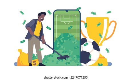 Mobile online sports betting app. Soccer game bets. Successful man with cash heaps. Smartphone application. Football championship award. Phone screen and banknotes pile