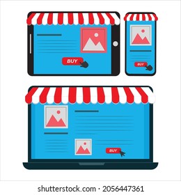 Mobile and online store concept. Hand hold and touch tablet computer digital marketing device, shop. Buy a striped awning, laptop, phone screen. Vector cartoon flat illustration