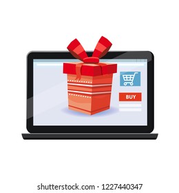 Mobile Online Store concept. Laptop, noteebook. Holiday red gift box. Vector illustration business design. Electronic online shop market. Digital marketing. Poster, baner, template