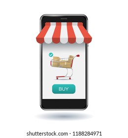 Mobile Online Store concept. Smart phone with button buy online shop market. Vector modern illustration.