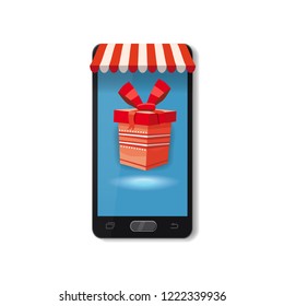 Mobile Online Store concept. Smartphone, Holiday red gift box. Vector illustration business design. Electronic online shop market. Digital marketing. Poster, baner, template