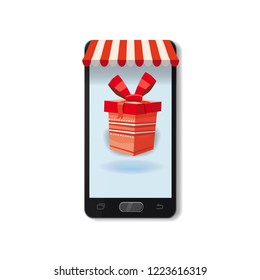 Mobile Online Store concept. Smartphone, Holiday red gift box. Vector illustration business design. Electronic online shop market. Digital marketing. Poster, baner, template