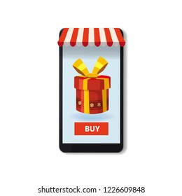 Mobile Online Store concept. Smartphone, Holiday red gift box. Vector illustration business design. Electronic online shop market. Digital marketing. Poster, baner, template