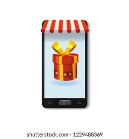 Mobile Online Store concept. Smartphone, Holiday red gift box. Vector illustration business design. Electronic online shop market. Digital marketing. Poster, baner, template