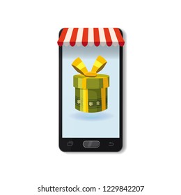Mobile Online Store concept. Smartphone, Holiday green gift box. Vector illustration business design. Electronic online shop market. Digital marketing. Poster, baner, template