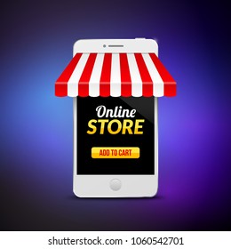 Mobile Online Store concept. Vector illustration business design. Electronic online shop market. Digital marketing.