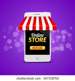 Mobile Online Store concept. Vector illustration business design. Electronic online shop market. Digital marketing.