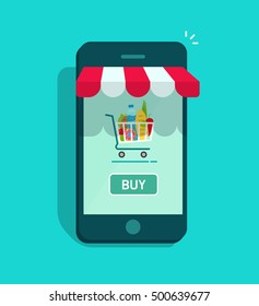 Mobile online store vector illustration isolated, smartphone as storefront with shopping cart and buy now button, concept of mobile phone order, purchase, internet shop showcase, ecommerce