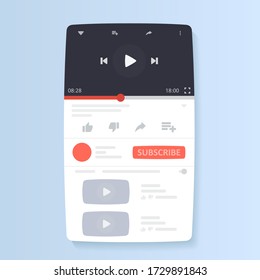 Mobile online video player template. Internet video clips, streams, blog. Vector illustration