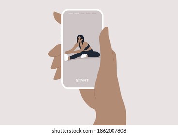 A mobile online workout session, a young female character doing a hamstring stretch, sport and well being