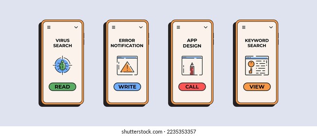 Mobile optimization app. New media examples onboarding mobile app page screen with concepts. Vector illustration concept