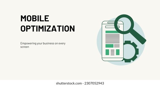 Mobile Optimization Banner on Light Background. Stylish Banner with Black Text and Green Icons for Business and Marketing