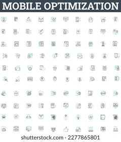 Mobile optimization vector line icons set. Mobile, optimization, responsiveness, design, webpage, app, user illustration outline concept symbols and signs