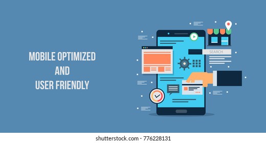 Mobile optimized, user friendly, content, mobile application, interface flat vector banner with icons 