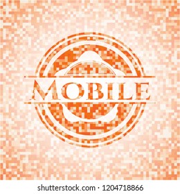 Mobile orange tile background illustration. Square geometric mosaic seamless pattern with emblem inside.