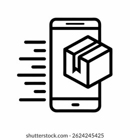 Mobile Order Delivery Icon – Minimal Line Art of Smartphone with Package and Motion Lines on White Background