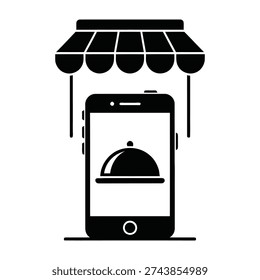 Mobile ordering display under restaurant awning with food dome symbol