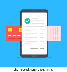 Pedidos móviles y pago. Teléfono inteligente con pedido en pantalla, tarjeta de crédito y recibo, factura. Pago móvil, comercio, conceptos de compra en línea. Diseño moderno y plano. Ilustración del vector