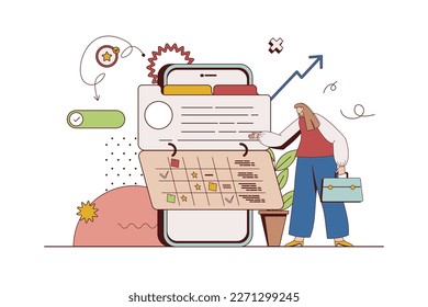 Mobile organizer concept with character situation in flat design. Woman planning daily tasks and workflow using calendar and reminder in application. Vector illustration with people scene for web