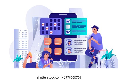 Mobile organizer concept in flat design. Application for file organization, time management scene template. Planning, do tasks, notes, phone book. Vector illustration of people characters activities