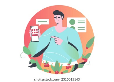 Mobile organizer concept with people scene in the flat cartoon design. A man presents a mobile organizer that will make life more convenient. Vector illustration.