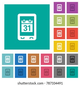 Mobile organizer multi colored flat icons on plain square backgrounds. Included white and darker icon variations for hover or active effects.